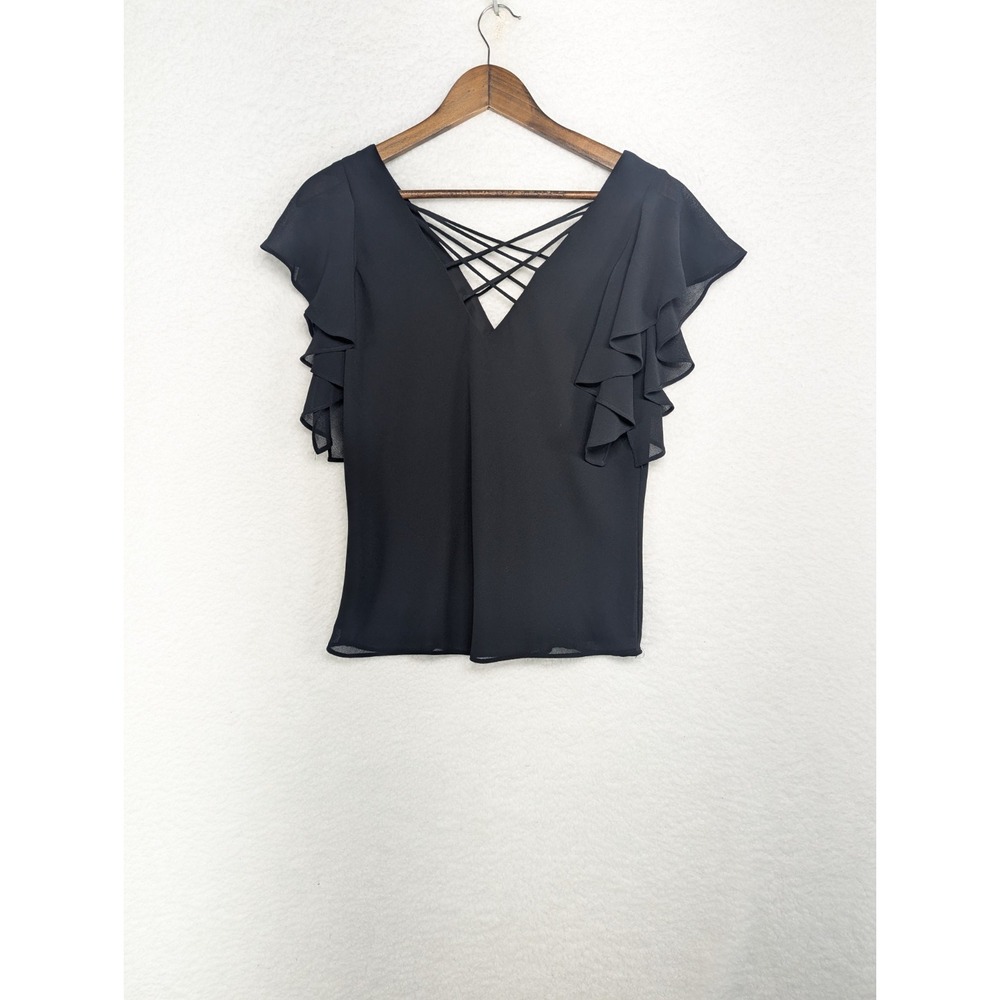 Studio 1 Black blouse with ruffled sleeves and crisscross Strap‎ back detail 10